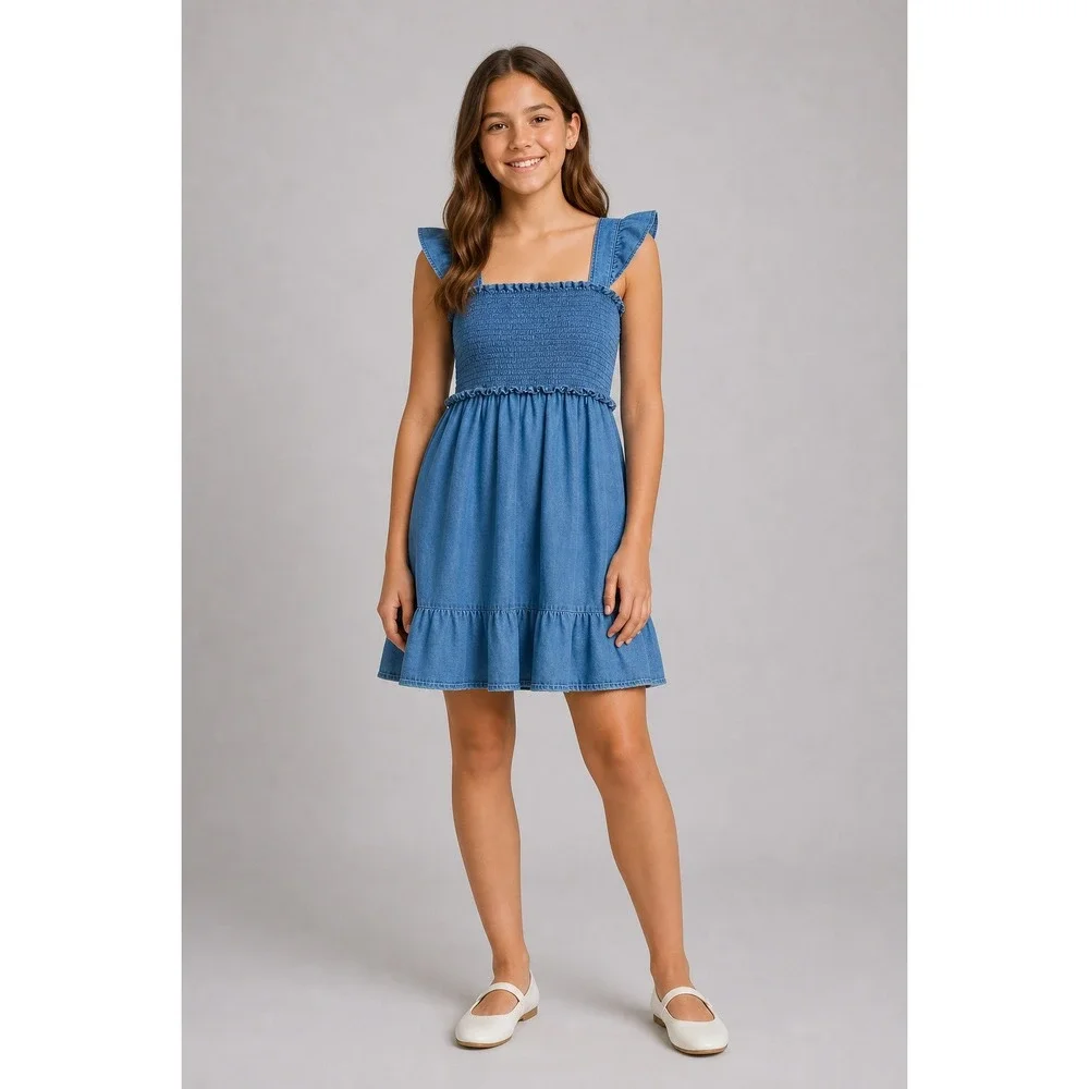 Janie and Jack Girls Blue Cotton Smocked Chambray Ruffle Dress Size 14